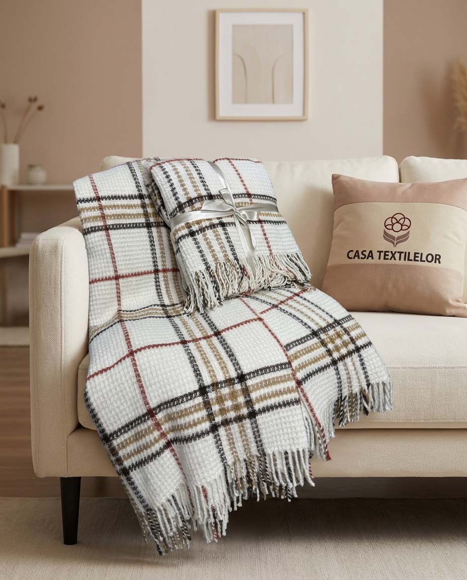 Pătură din Bumbac Tartan Clasic Crem 210x230cm Pătură din Bumbac Tartan Clasic Crem 210x230cm