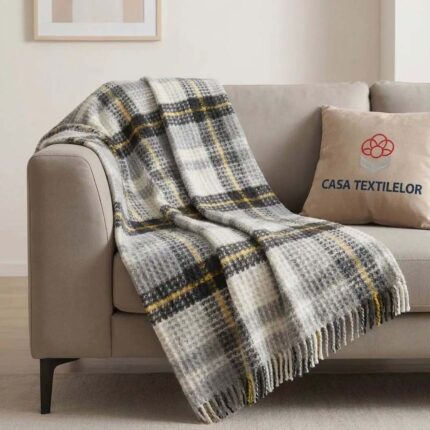 Pătură din Bumbac Carouri Gri cu Galben 210x230cm – Casa Textilelor Moldova