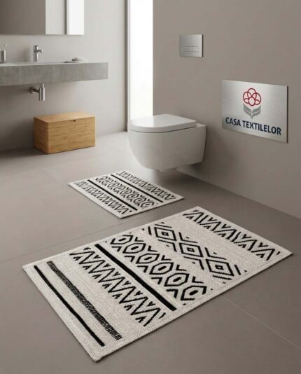 Set 2 covorașe baie 100% bumbac – Geometric, Alb-Negru