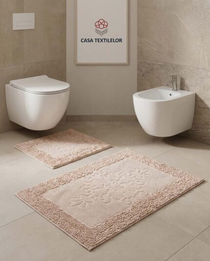 Set 2 covorașe baie 100% bumbac – Elegance Floral, Roz Pudră