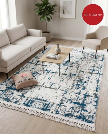 Covor modern de cameră 160×250 cm – covor din bumbac pentru living, Crem-Bleumarin