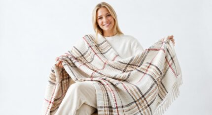 Pătură din Bumbac Crem cu Roșu și Maro 200x220cm – carouri crem cu linii maro, bej și roșu